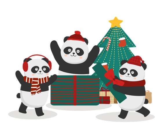 Panda decorando el árbol de Navidad en la nieve.  Ilustración