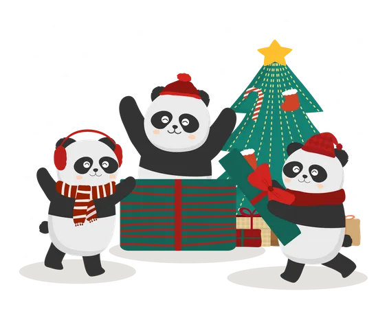 Panda decorando el árbol de Navidad en la nieve.  Ilustración