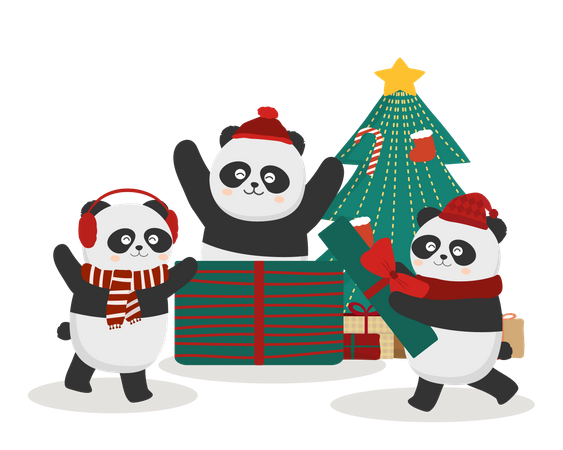 Panda decorando a árvore de Natal na neve  Ilustração