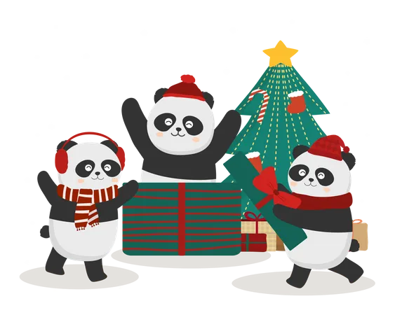 Panda décorant le sapin de Noël sur la neige  Illustration