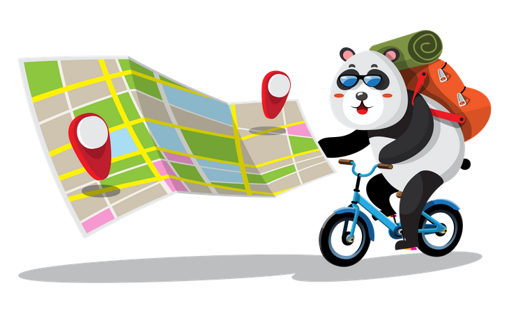 Panda fährt mit dem Fahrrad durch die Stadt und nutzt dabei Karten  Illustration