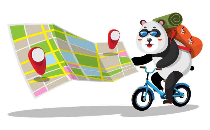 Panda fährt mit dem Fahrrad durch die Stadt und nutzt dabei Karten  Illustration