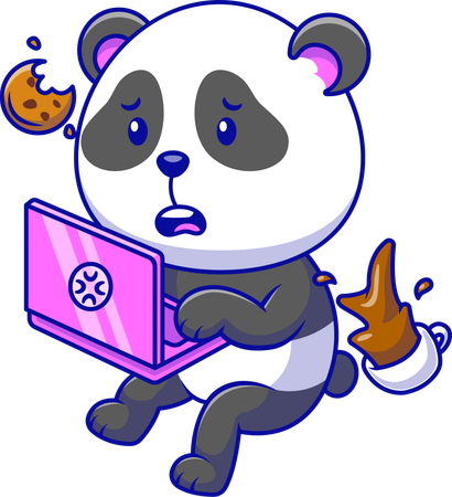 Panda Floating While Playing a Laptop With Cookies and Coffee  Illustration