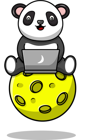 Panda fofo sentado na lua e usando laptop  Ilustração