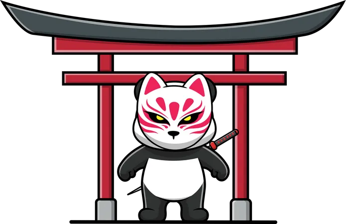Panda portant un masque Kitsune et un Katana sur la porte Torii Illustration  Illustration