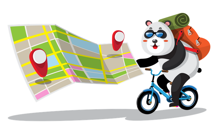 Panda rides a bicycle touring the city using maps  Illustration