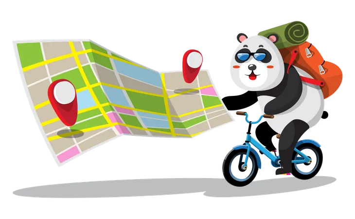 Panda rides a bicycle touring the city using maps  Illustration