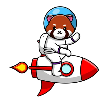 Astronauta Panda Rojo Montando Cohete Y Agitando La Mano  Illustration