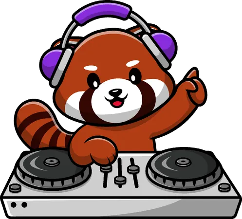 Panda rouge jouant de la musique DJ avec un casque  Illustration