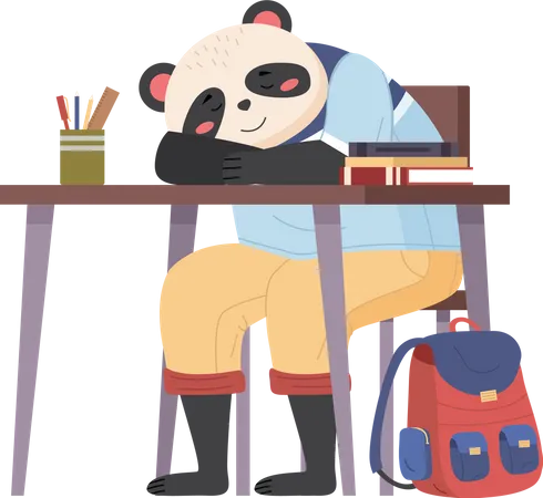 Funny Cartoon Animal Student Lovely Cute Panda Schoolboy Is Sitting And Sleeping At A Desk With Books In The Classroom Back To School Concept Tired Pupil Fell Asleep In Class Lazy Animal Character Illustration