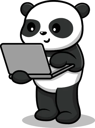 Panda trabajando en la computadora portátil  Ilustración