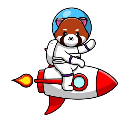 Astronauta panda vermelho andando de foguete e acenando com a mão  Ilustração