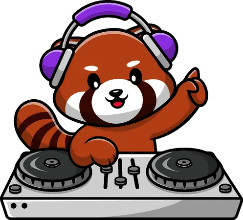Panda Vermelho tocando música de DJ com fone de ouvido  Ilustração