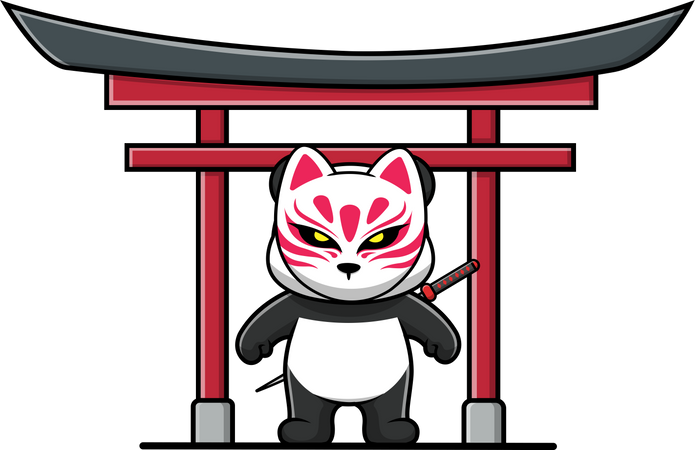 Panda Wearing Kitsune Mask And Katana On Torii Gate Illustration  Illustration