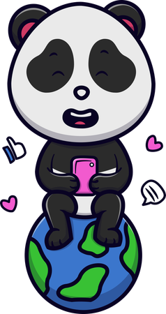 Panda with Smartphone Sitting on Earth  Illustration
