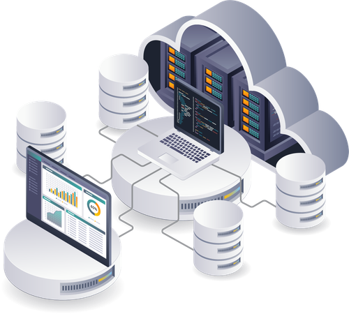 Panel profesional para analizar la tecnología de bases de datos del servidor en la nube  Ilustración