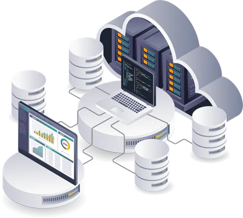 Panel profesional para analizar la tecnología de bases de datos del servidor en la nube  Ilustración