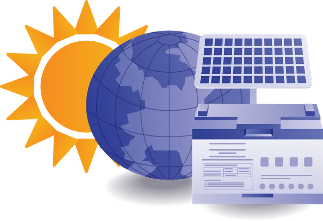 Panel solar de energía ecológica y ecológica con batería de almacenamiento.  Ilustración