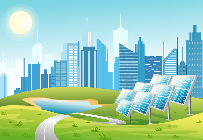 Panel solar en el jardín  Ilustración