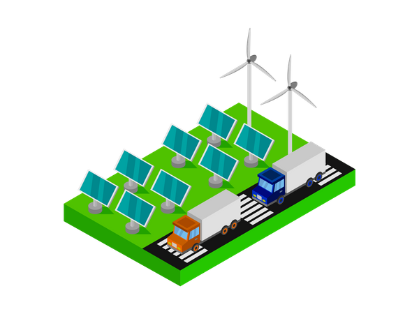 Paneles solares y turbinas eólicas.  Ilustración