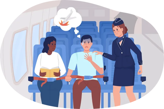 Panic Attack During Flight 2 D Vector Isolated Illustration Man Scared In Plane Flat Characters On Cartoon Background Reassuring Air Hostess Colourful Scene For Mobile Website Presentation Illustration