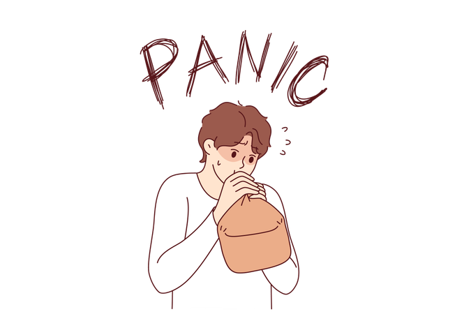 Panic attack in fired man breathing into paper bag to overcome fear and restore calm  Illustration