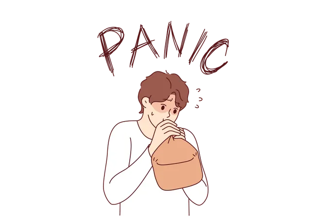 Panic attack in fired man breathing into paper bag to overcome fear and restore calm  Illustration