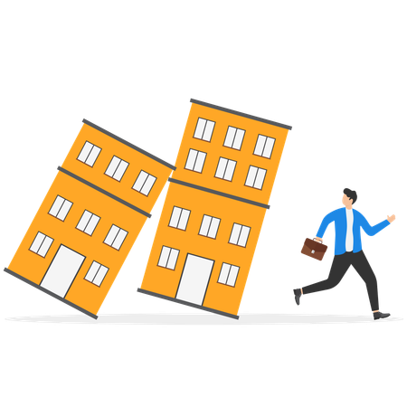 Panic businessman investor run away from collapsing housing domino  Illustration