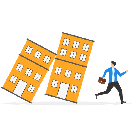 Panic businessman investor run away from collapsing housing domino  Illustration