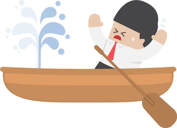 Panic businessman with leaking boat Illustration