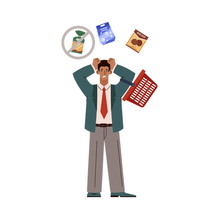 Panic man in tie with shopping basket  Illustration