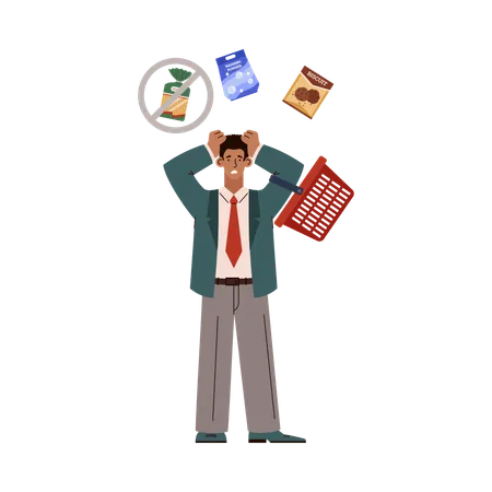 Panic man in tie with shopping basket  Illustration