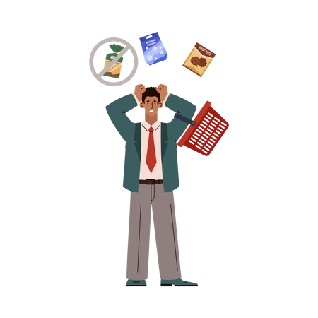 Panic Man In Tie With Red Shopping Basket Flat Style Vector Illustration Isolated On White Background Food Crisis Concept Shortage Of Goods And Products Character Illustration