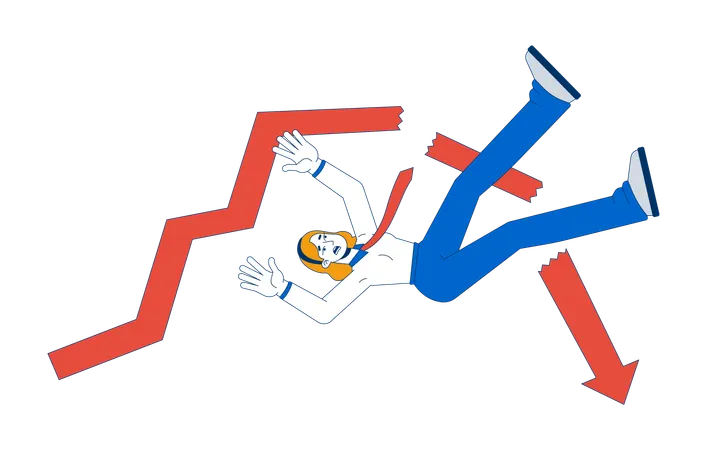 Panicked businesswoman falling with breaking chart arrow  Illustration