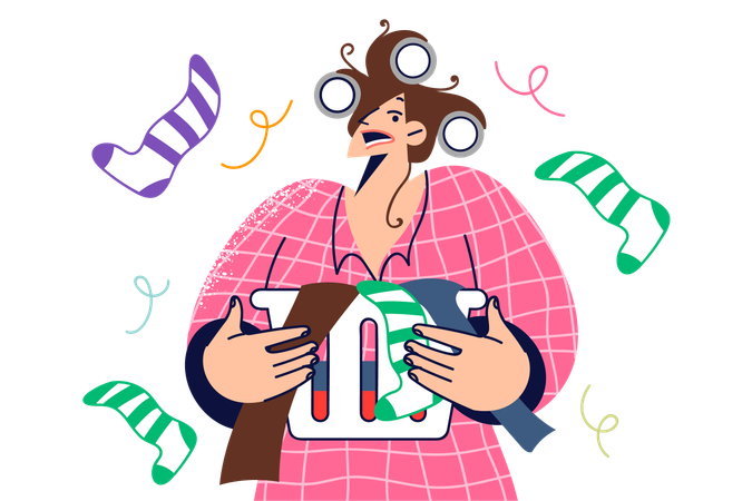 Panicking woman housewife preparing to do laundry  Illustration