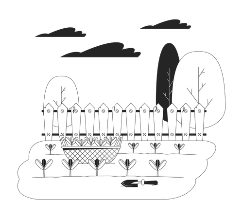 Panier de semis et pelle dans le potager  Illustration