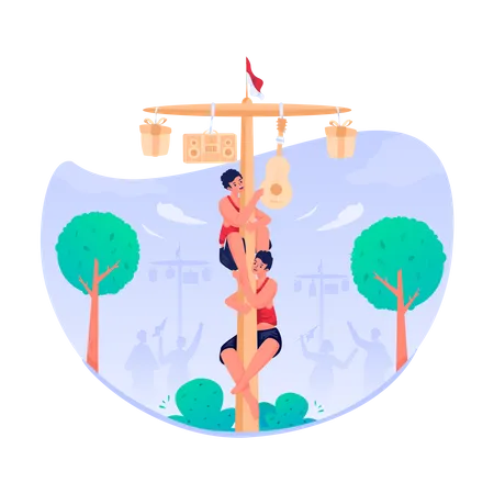 Indonesian Independence Day Celebration With Illustration Of Panjat Pinang Called Areca Climbing Competition Illustration