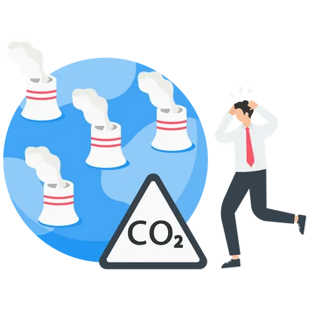 Panneau d'avertissement de CO2 près de la planète Terre avec pouvoir fumant  Illustration