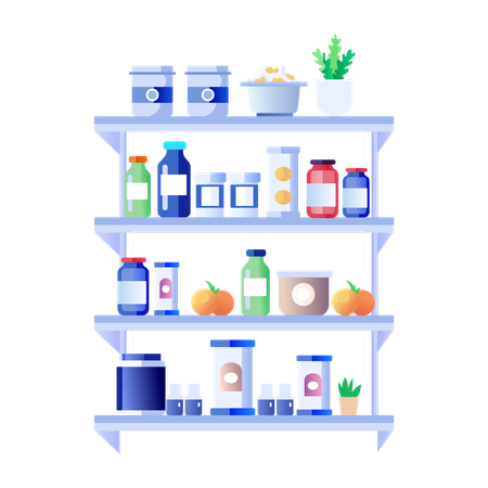 Pantry Shelf filled with food items  Illustration