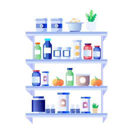 Pantry Shelf filled with food items  Illustration