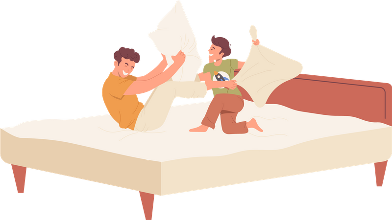 Un padre muy alegre y un hijo pequeño jugando almohadas en la cama pasando tiempo juntos  Ilustración