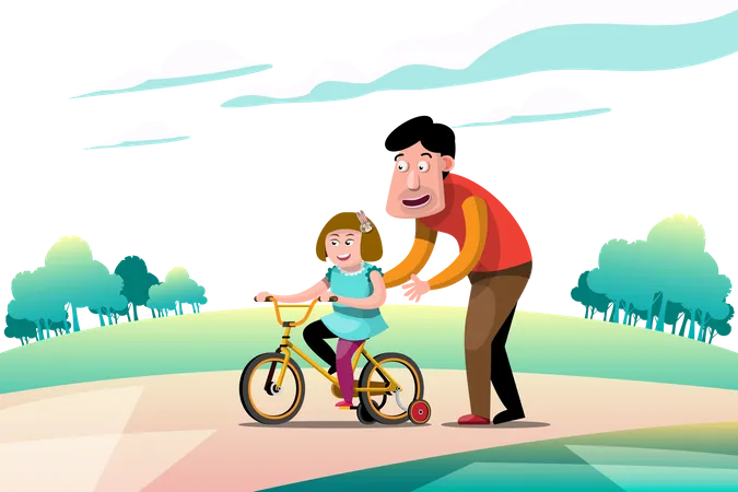 Papa apprend à sa fille à faire du vélo  Illustration