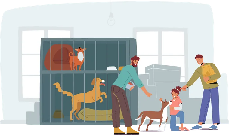 Un père et ses enfants visitent un centre d'adoption pour animaux errants et sans abri  Illustration