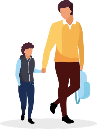 Papa et son fils se rendent à l'école à pied  Illustration
