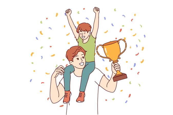 Un père avec un trophée de champion et son fils assis sur le podium célèbre la fête des pères et est fier d'avoir un héritier  Illustration