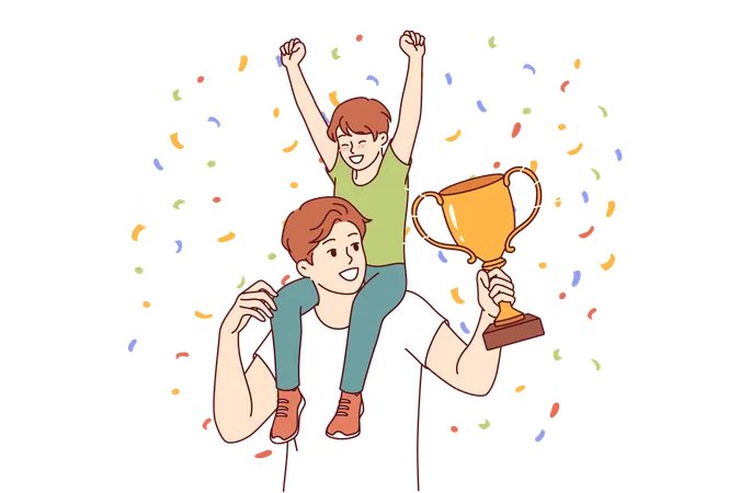 Un père avec un trophée de champion et son fils assis sur le podium célèbre la fête des pères et est fier d'avoir un héritier  Illustration