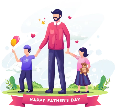 Papá celebra el día del padre llevando a sus hijos a pasear  Ilustración