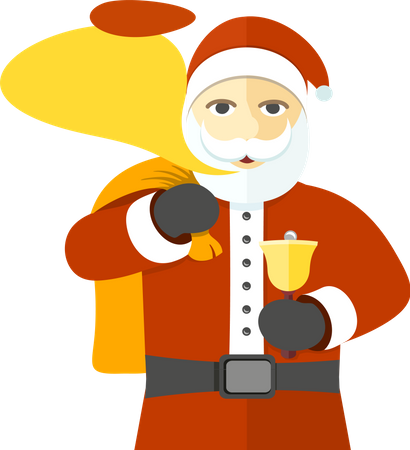 Papá Noel con bolsa de regalos y campana desea Feliz Navidad  Ilustración