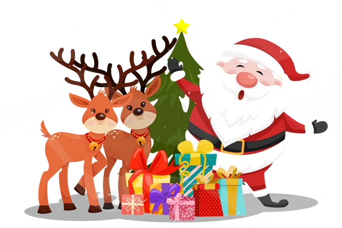 Papá Noel con dos renos y caja preestablecida.  Ilustración
