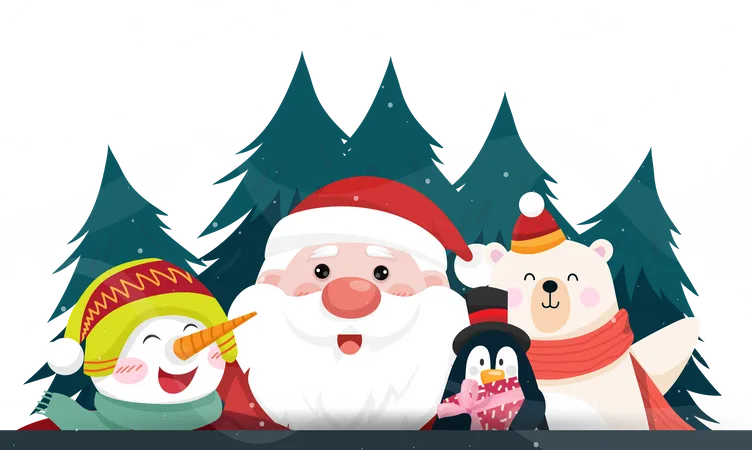 Papá Noel con muñeco de nieve, oso polar y pingüino.  Ilustración